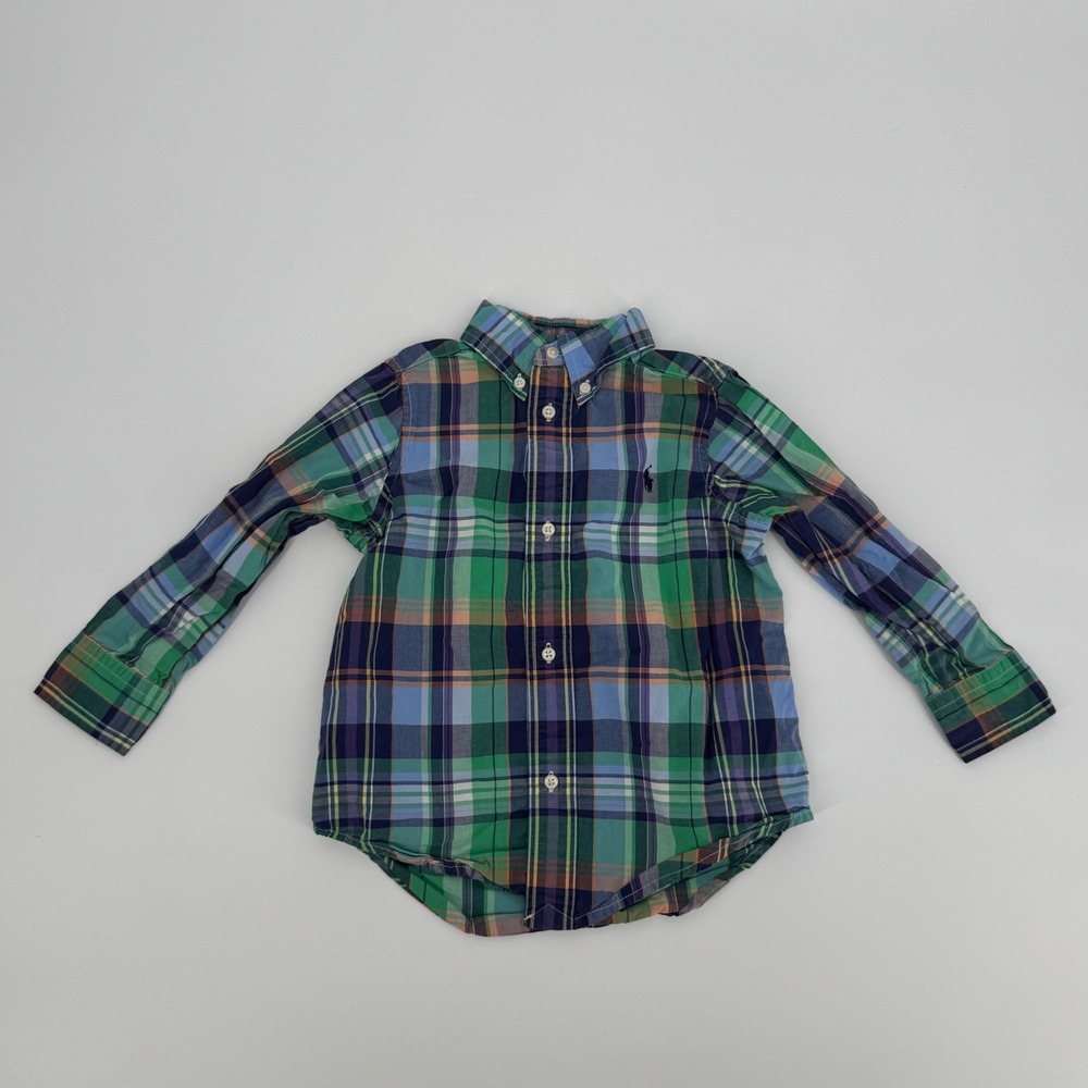 Ralph Lauren Toddler Boys 2T Plaid Button-Down Shirt Green‎ Blue Long Sleeve